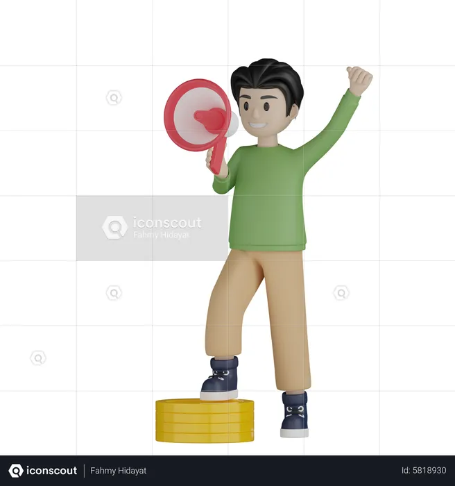 Young boy holding megaphone and doing financial marketing  3D Illustration
