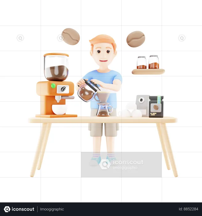 Young boy is making coffee  3D Illustration