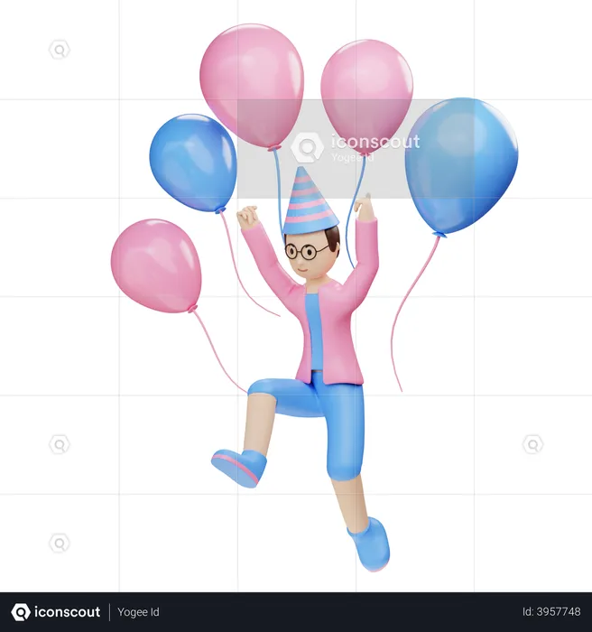 Young boy jump with balloons  3D Illustration