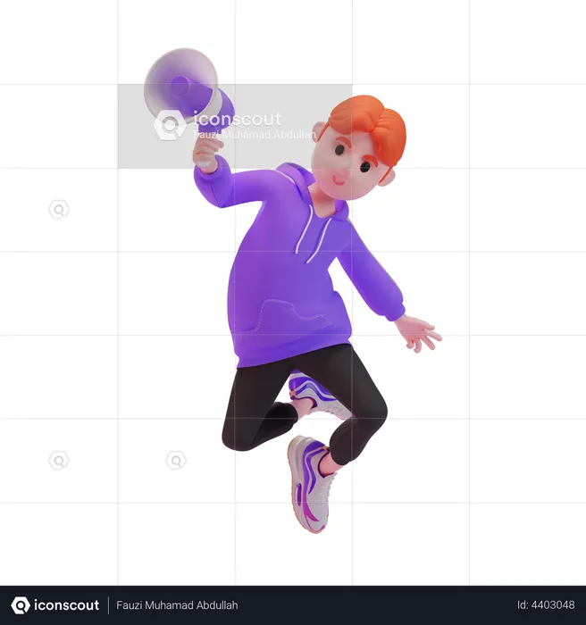 Young boy jumping in the air with a megaphone  3D Illustration