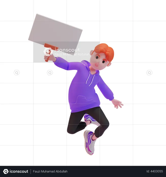 Young boy jumping in the air with blank placard  3D Illustration