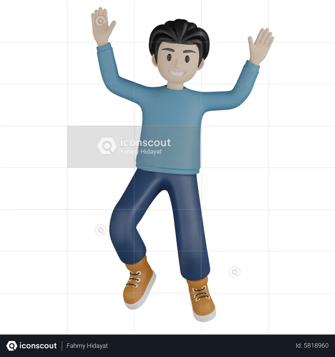 Young boy jumping with two hands up  3D Illustration
