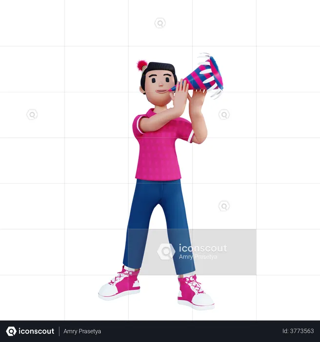 Young Boy Playing Party Trumpet  3D Illustration