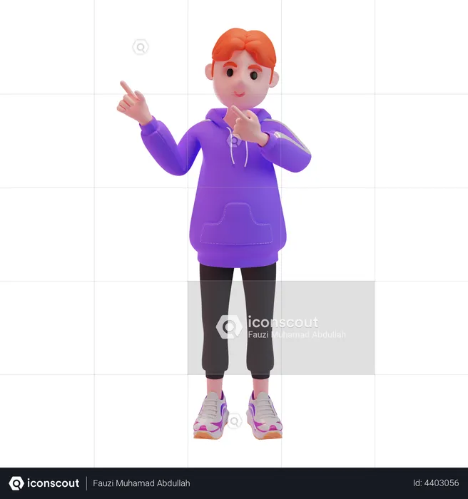 Young boy pointing fingers in direction  3D Illustration