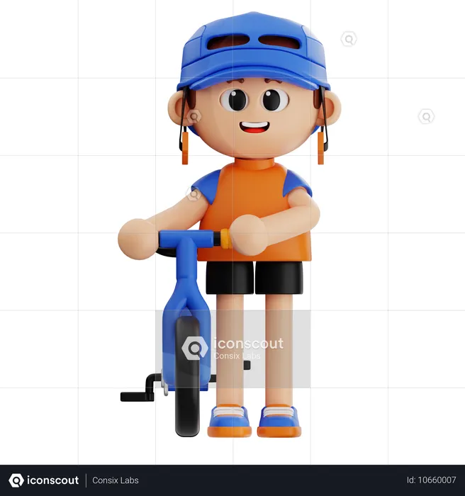 Young Boy Pushing Bicycle  3D Illustration