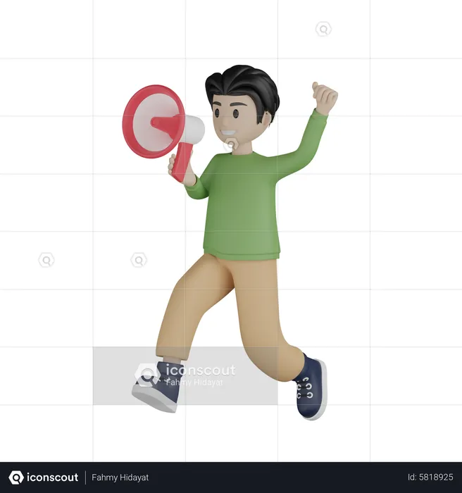 Young boy running and doing marketing announcement  3D Illustration