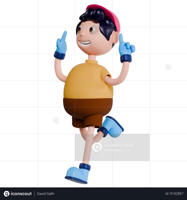 Young Boy Running While Pointing Up  3D Illustration