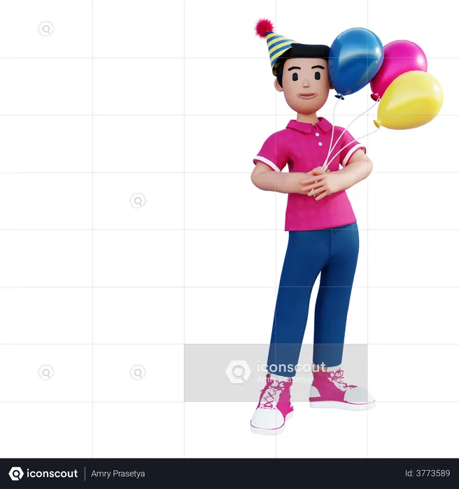 Young Boy Standing With Colorful Balloons  3D Illustration
