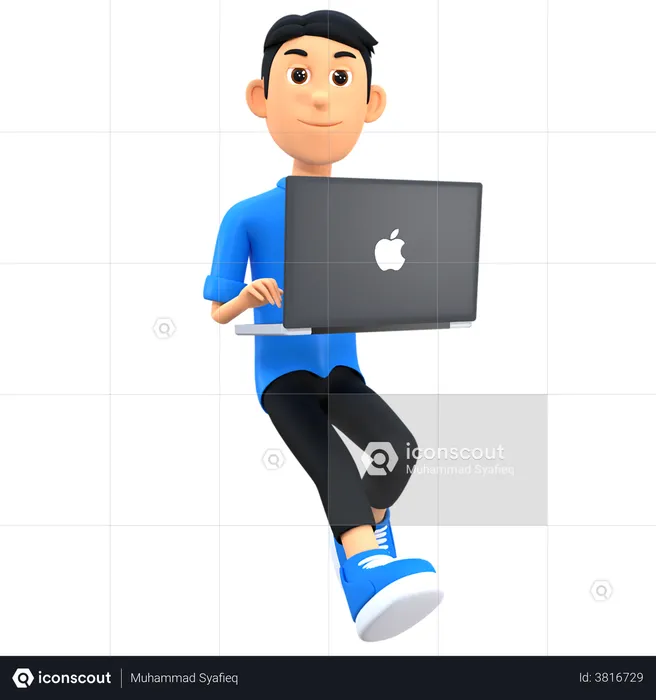 Young Boy Working On laptop  3D Illustration