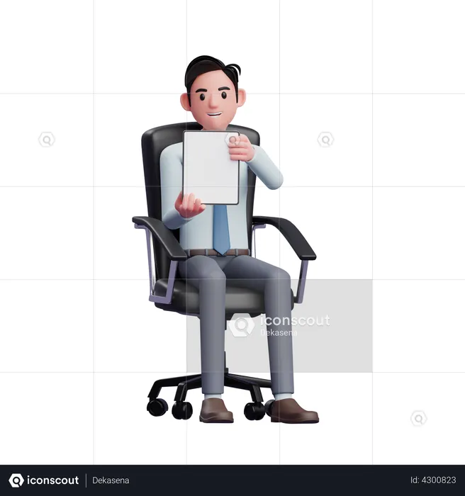 Young businessman sitting in office chair and holding tablet with both hands showing screen  3D Illustration