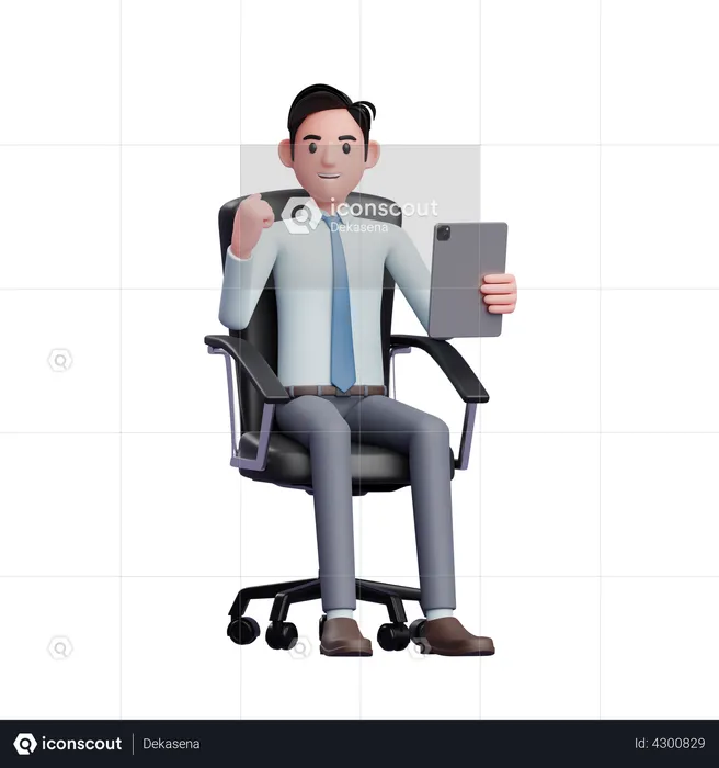 Young businessman sitting in office chair holding tablet while celebrating  3D Illustration