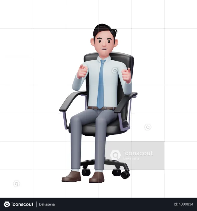 Young businessman sitting in office chair pointing at camera  3D Illustration
