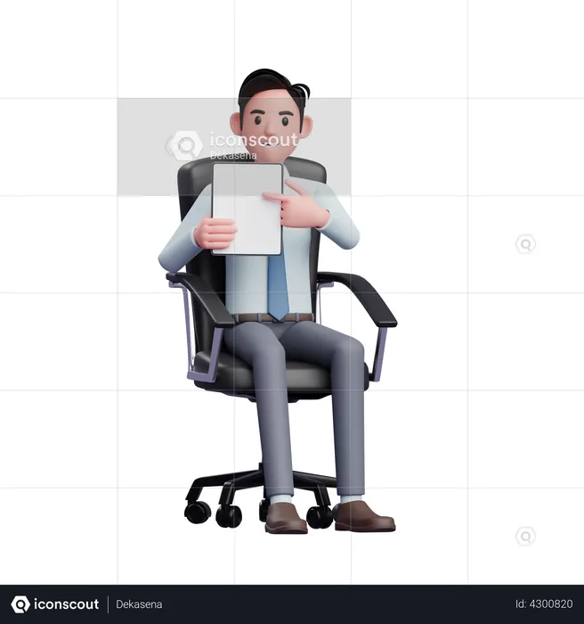 Young businessman sitting in office chair pointing tablet screen with finger  3D Illustration