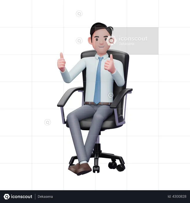 Young businessman sitting on chair giving two thumbs up  3D Illustration