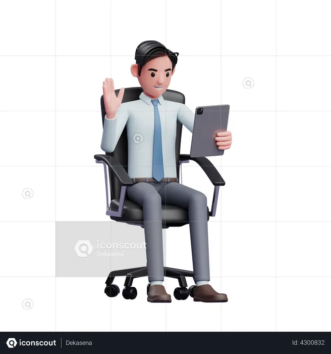 Young businessman sitting on chair making video call with tablet  3D Illustration
