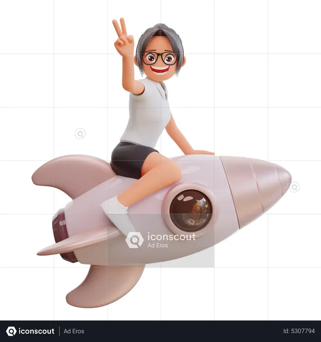 Young Businesswoman On Rocket  3D Illustration