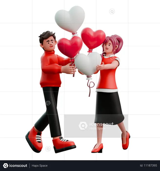 Young Couple Carrying Balloons  3D Illustration