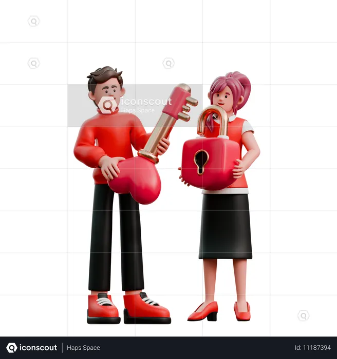 Young Couple Carrying Love Key  3D Illustration