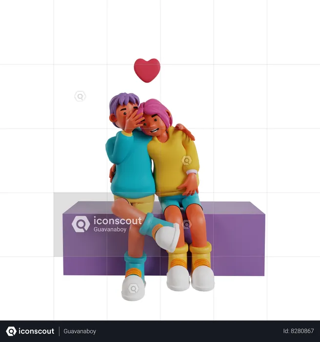 Young Couple Sitting On Bench And Holding Heart Together  3D Illustration