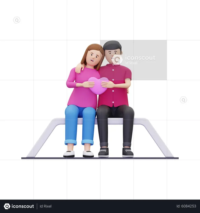 Young couple sitting on bench and holding heart together  3D Illustration