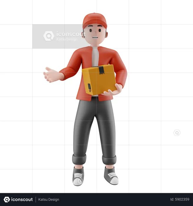 Young delivery boy with box and showing someting  3D Illustration