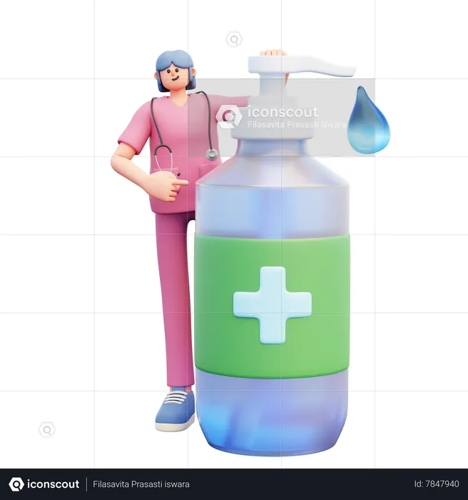 Young Doctor Standing Near Big Liquid Soap Dispenser  3D Illustration