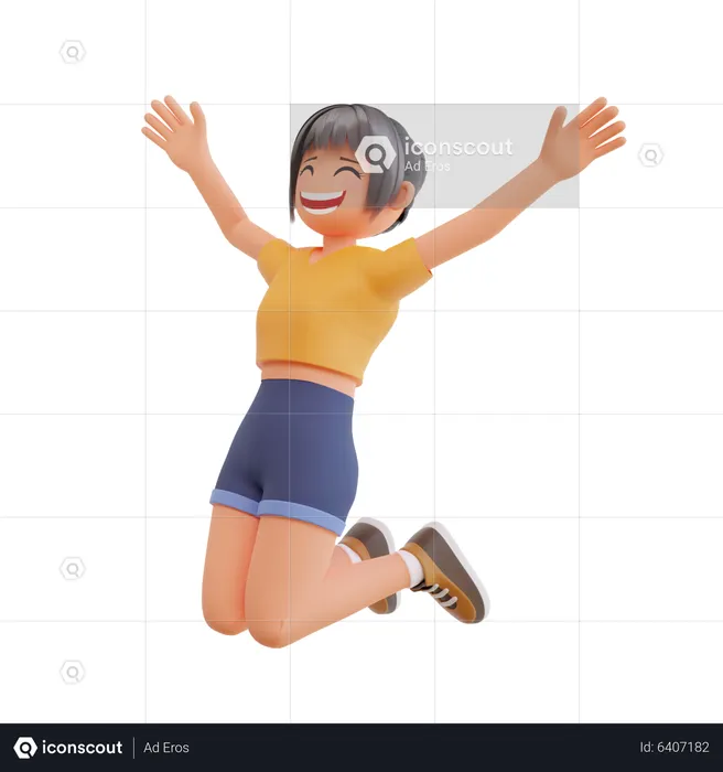 Young Girl Happy Jumping  3D Illustration