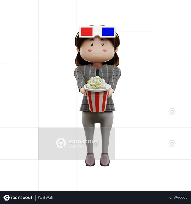Young girl holding popcorn box  3D Illustration