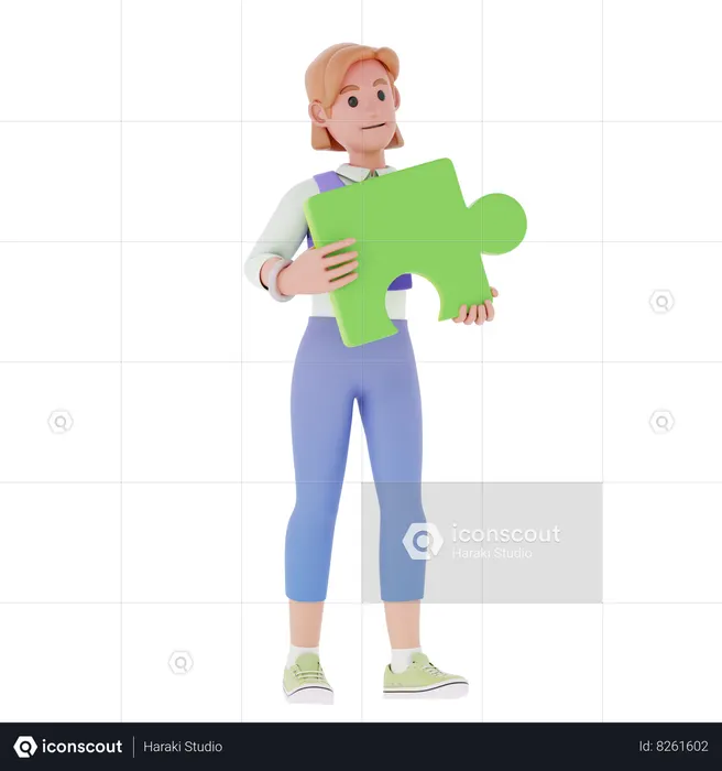 Young Girl Holding Puzzle Piece  3D Icon