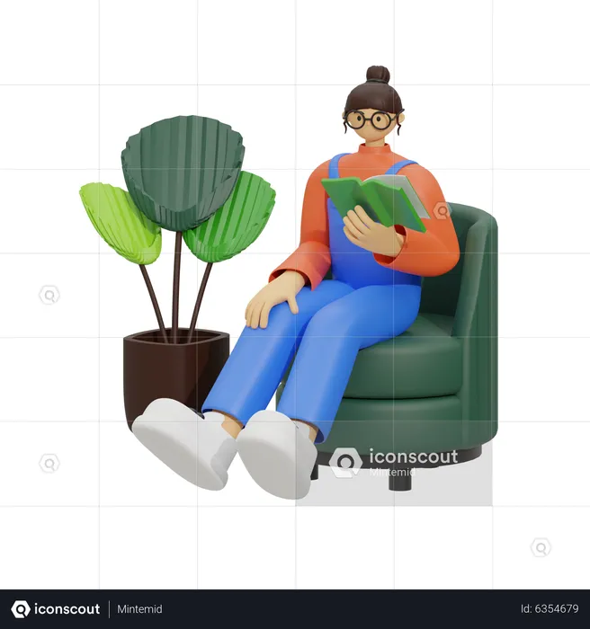 Young girl reading book a while sitting on sofa  3D Illustration