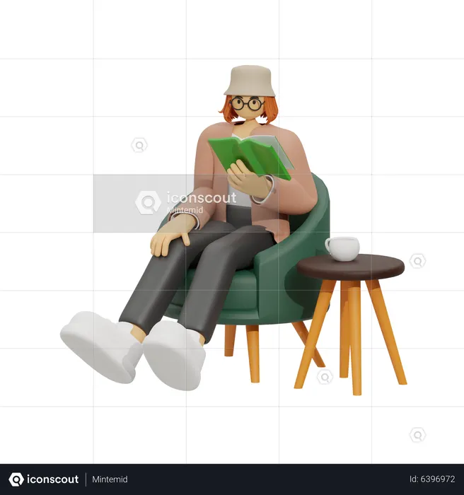 Young girl reading book a while sitting on sofa  3D Illustration