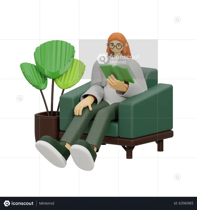 Young girl reading book a while sitting on sofa  3D Illustration