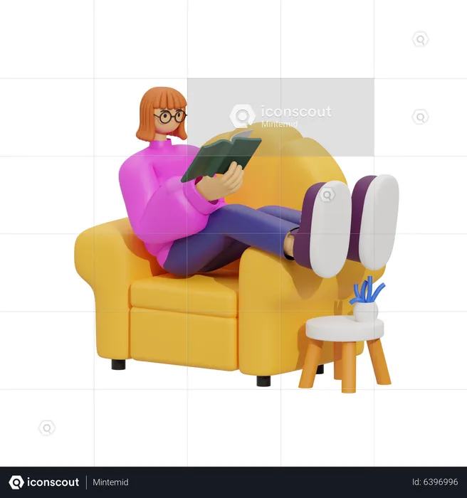 Young girl reading book a while sitting on sofa  3D Illustration