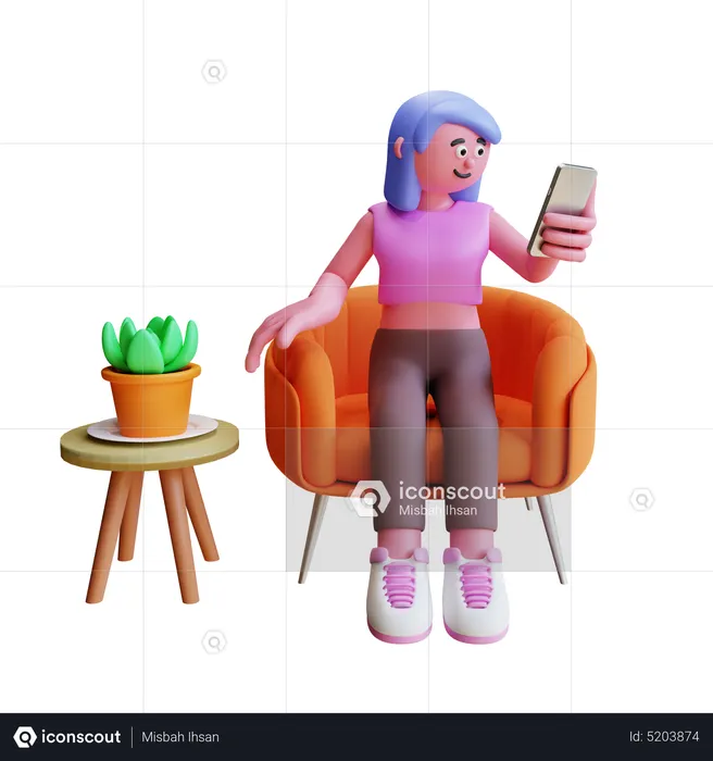 Young Girl Sit On Sofa And Using Smartphone  3D Illustration