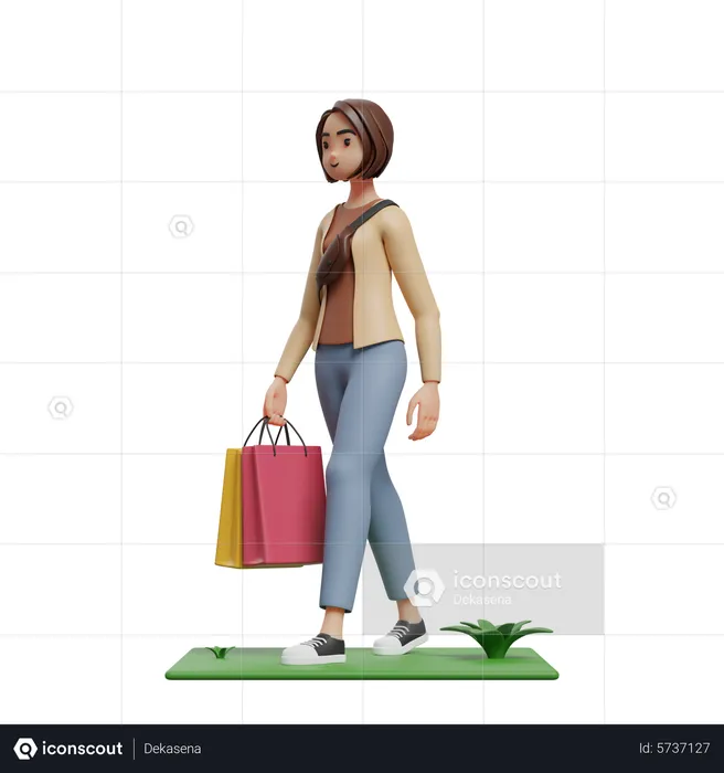 Young girl walking and holding the shopping bag  3D Illustration