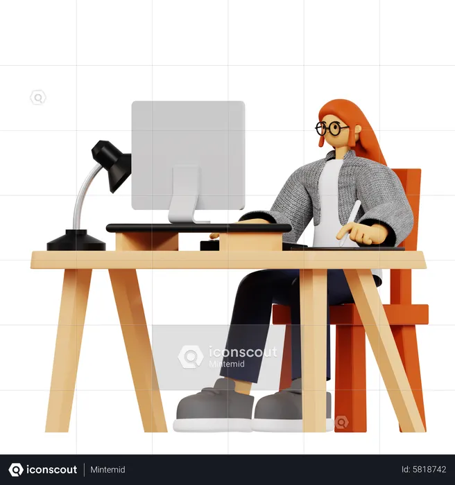 Young Lady doing designer work at office  3D Illustration