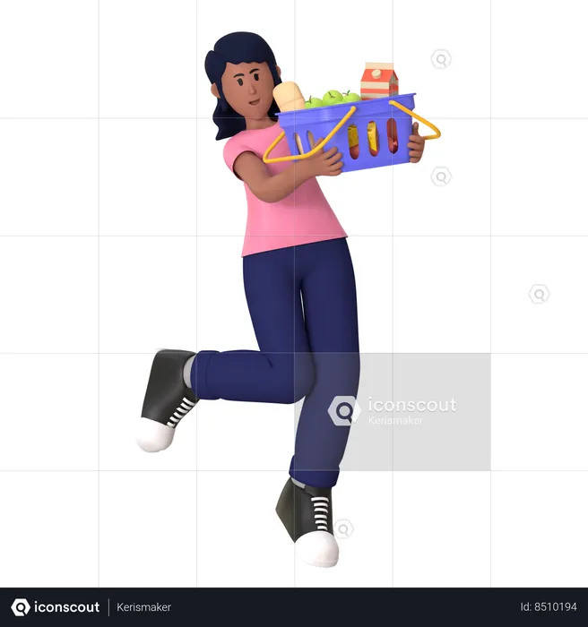 Young Lady Holding Shopping Basket  3D Illustration