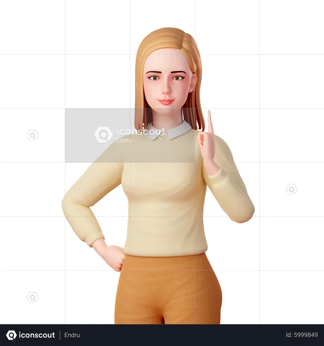 Young lady Pointing Upwards with Her Left Hand Index Finger  3D Illustration