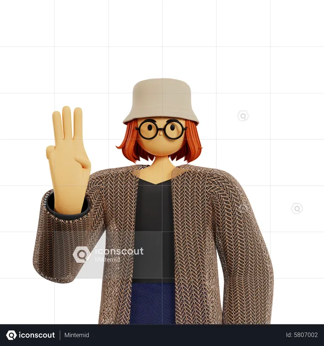 Young lady showing Three finger  3D Illustration