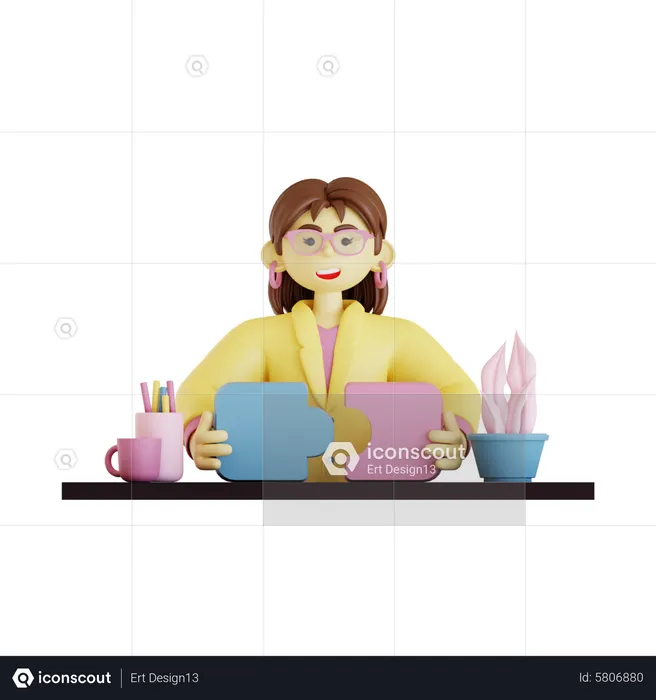 Young lady solving jigsaw puzzle  3D Illustration