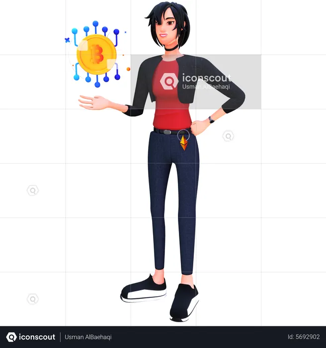Young lady use bitcoin technology  3D Illustration