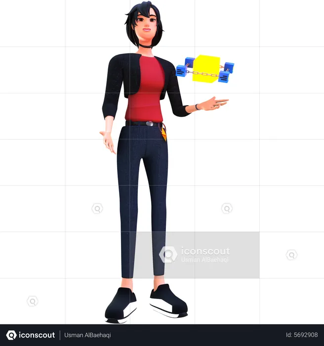Young lady use blockchain technology  3D Illustration