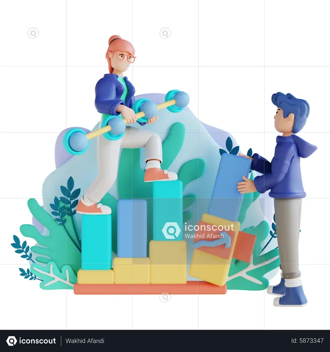 Young Man and woman working for business growth  3D Illustration