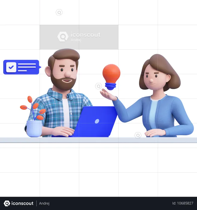 Young Man And Woman Working Together While Getting Business Idea  3D Illustration