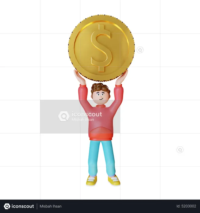 Young Man Carrying Dollar Coin  3D Illustration