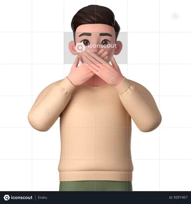 Young Man Closing His Mouth With Both Hands  3D Illustration