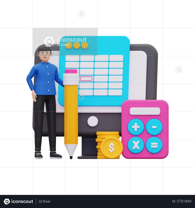 Young man doing financial calculation  3D Illustration