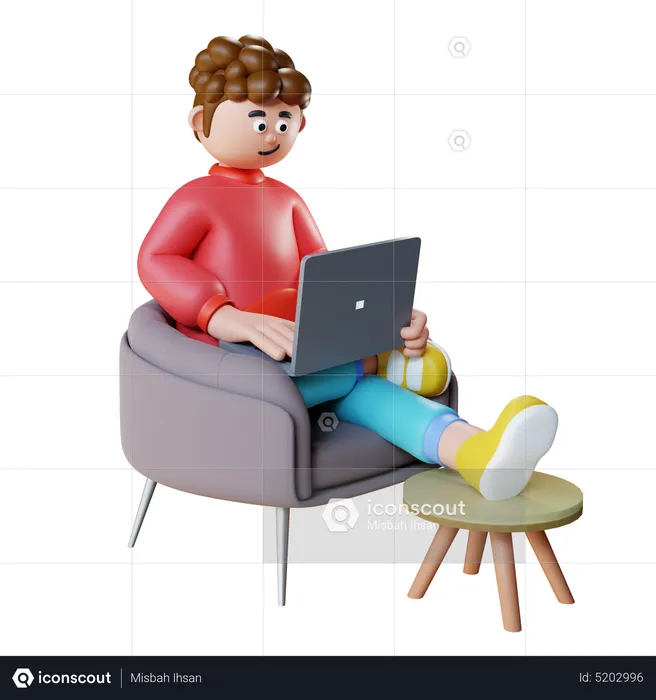 Young Man Doing Work On Laptop And Sit On Sofa  3D Illustration