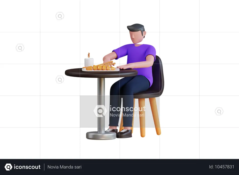 Young Man Eating Chicken Katsu  3D Illustration
