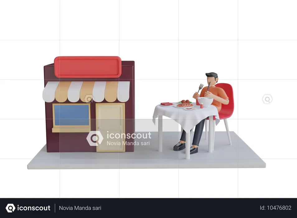 Young Man Eating In Restaurant  3D Illustration